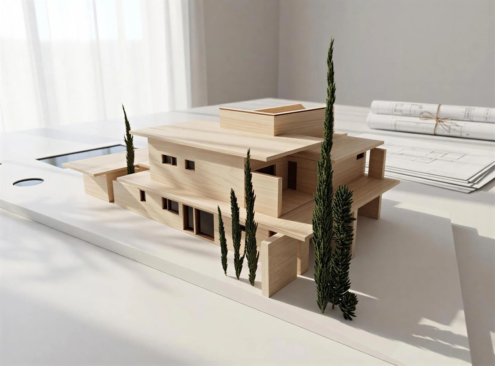 Architectural model of a modern house with multiple levels, surrounded by tall green trees, on a white table with blueprints in the background.