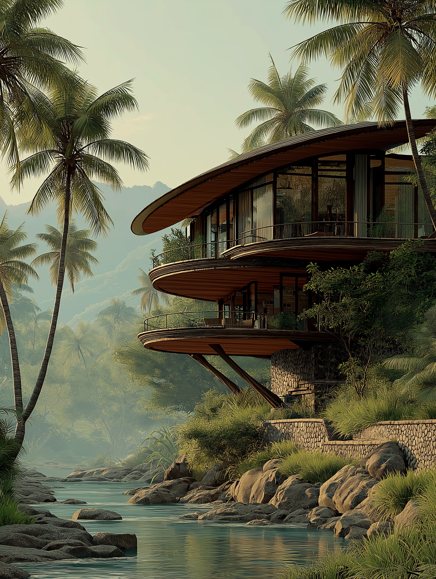 A modern glass house situated among tall palm trees near a rocky water stream, with mountains in the background.