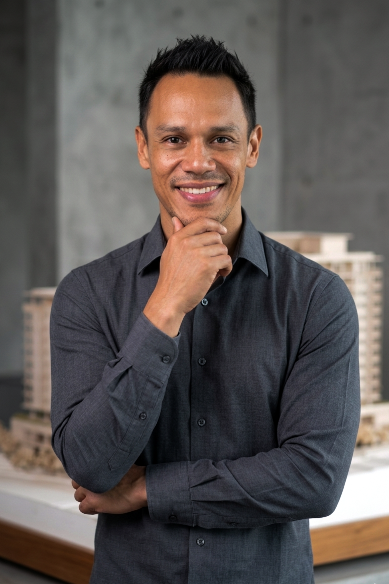A man with short black hair and a dark gray shirt smiling while standing with his hand on his chin, in front of architectural models.