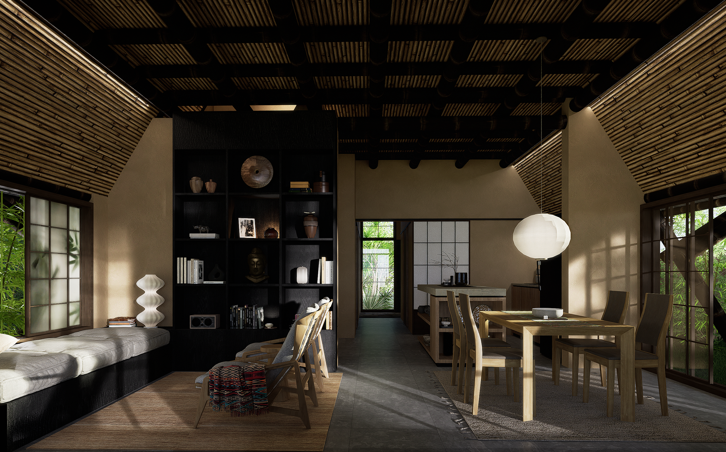 Interior view of a modern living and dining area with wooden ceiling and large windows, decorated with shelves, artworks, and lighting.