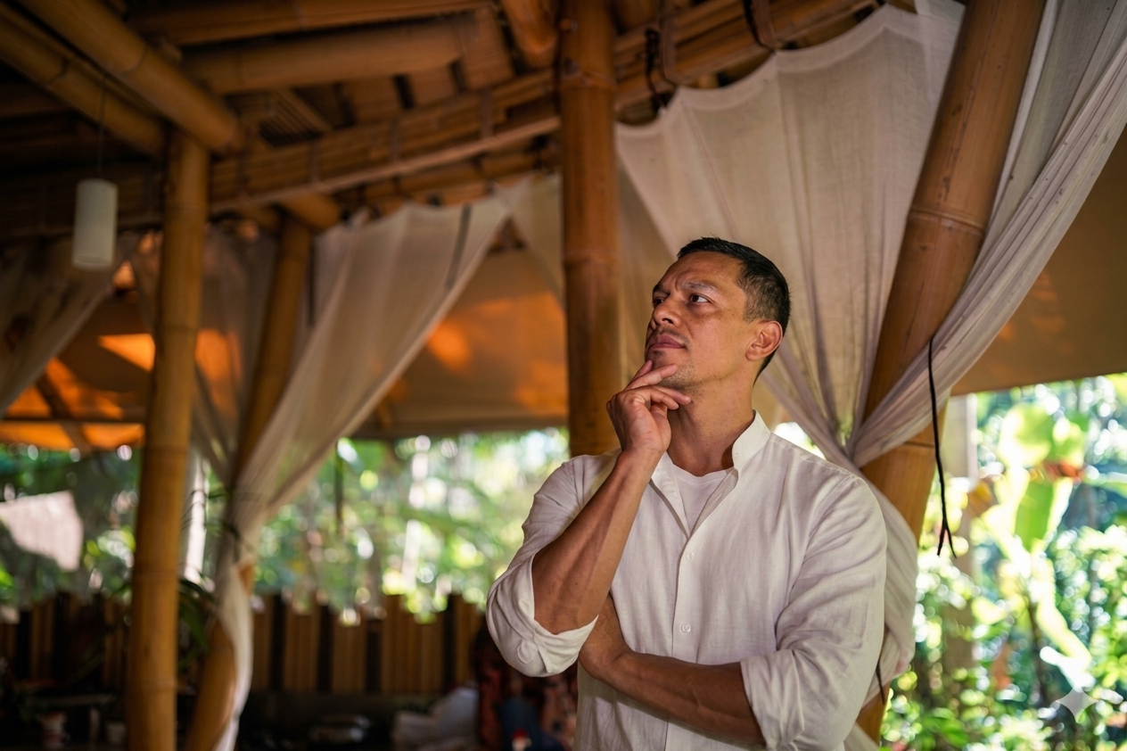 A man in a white shirt standing inside a bamboo structure, thinking with his hand on his chin, surrounded by tropical plants.