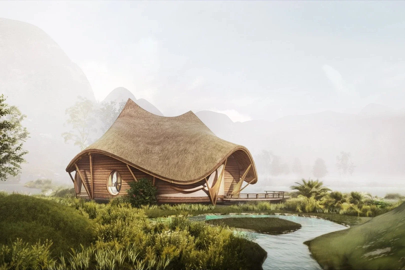 A futuristic house with a curvy roof, situated by a river in a lush green landscape with trees and mountains in the background.
