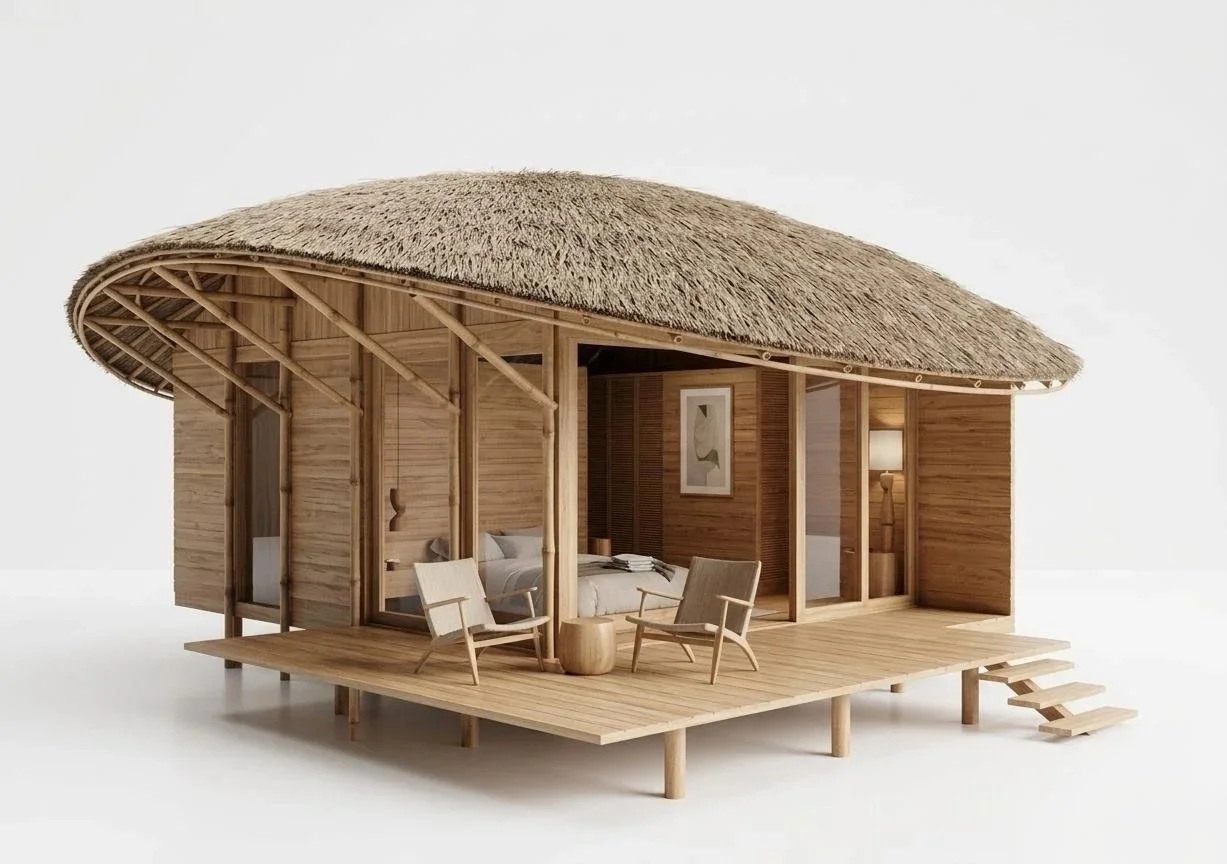 A small, wooden, thatched-roof cottage with a front deck, two chairs, and staircase, on a plain white background.