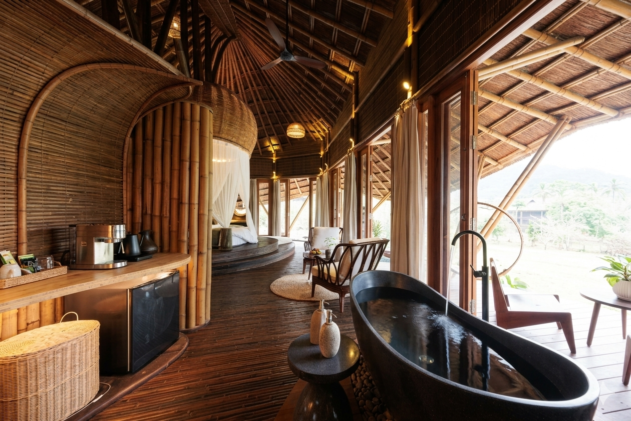 Interior of a tropical bungalow featuring a wooden bathtub filled with water, a sitting area with chairs and a small table, a beverage station with a mini fridge, and large windows overlooking a lush outdoor landscape with trees and mountains.