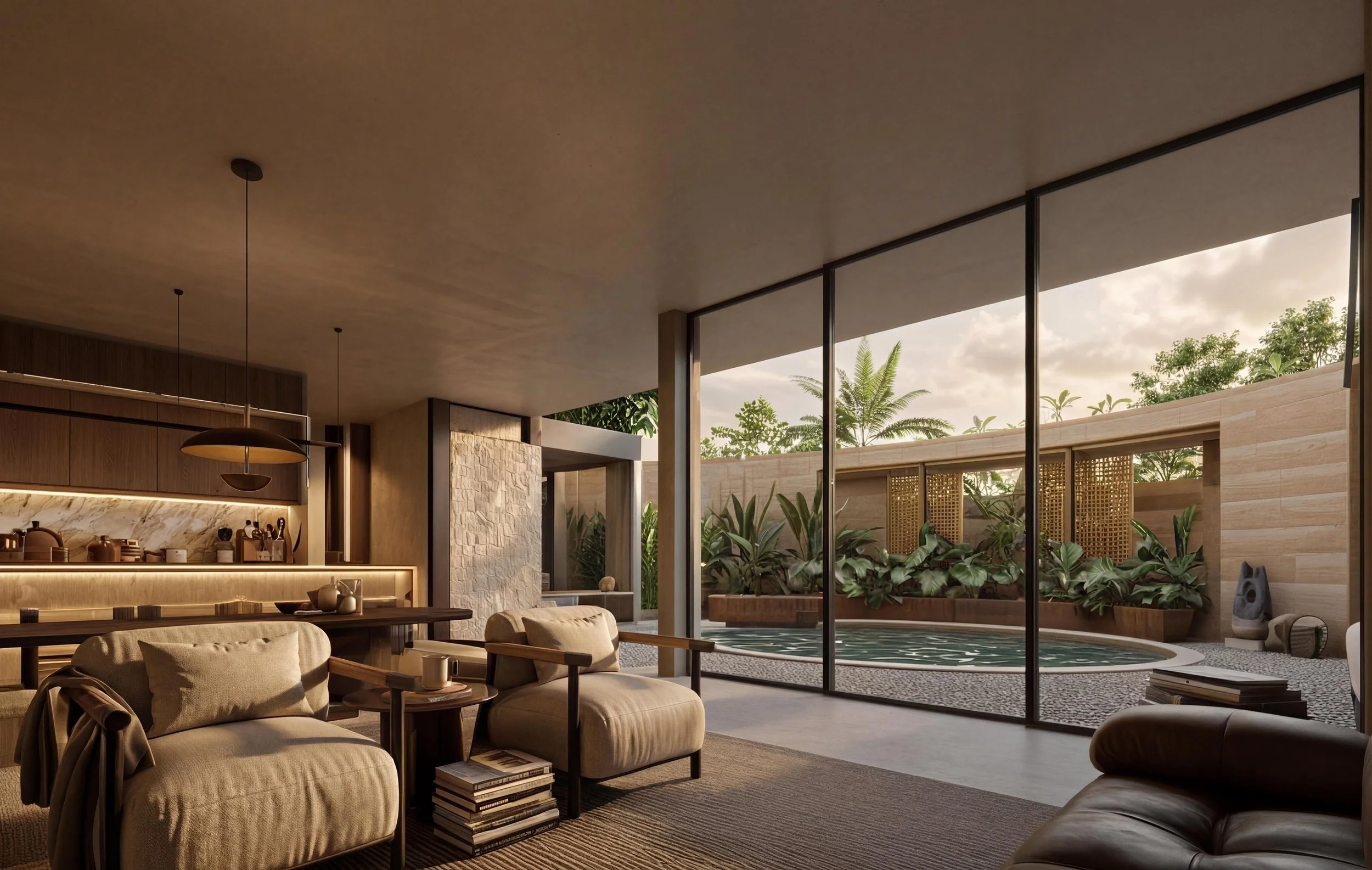 Modern living room with large floor-to-ceiling glass windows showing outdoor greenery and a pool, beige furniture, and a kitchen area with wood cabinets.