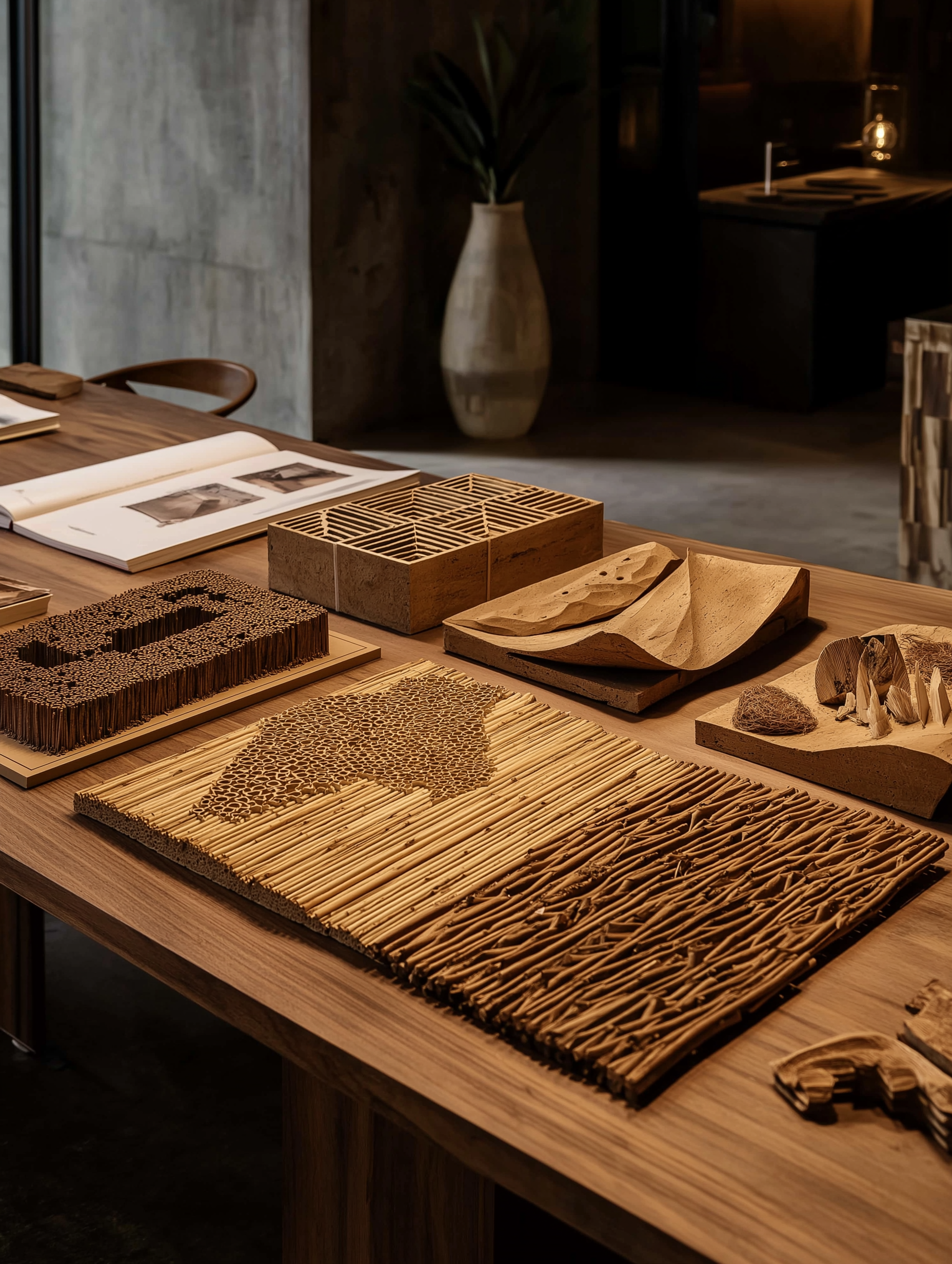 Wooden table displaying various wooden art and design pieces, including patterns, textures, and carved objects, with a blurred background of a modern interior.