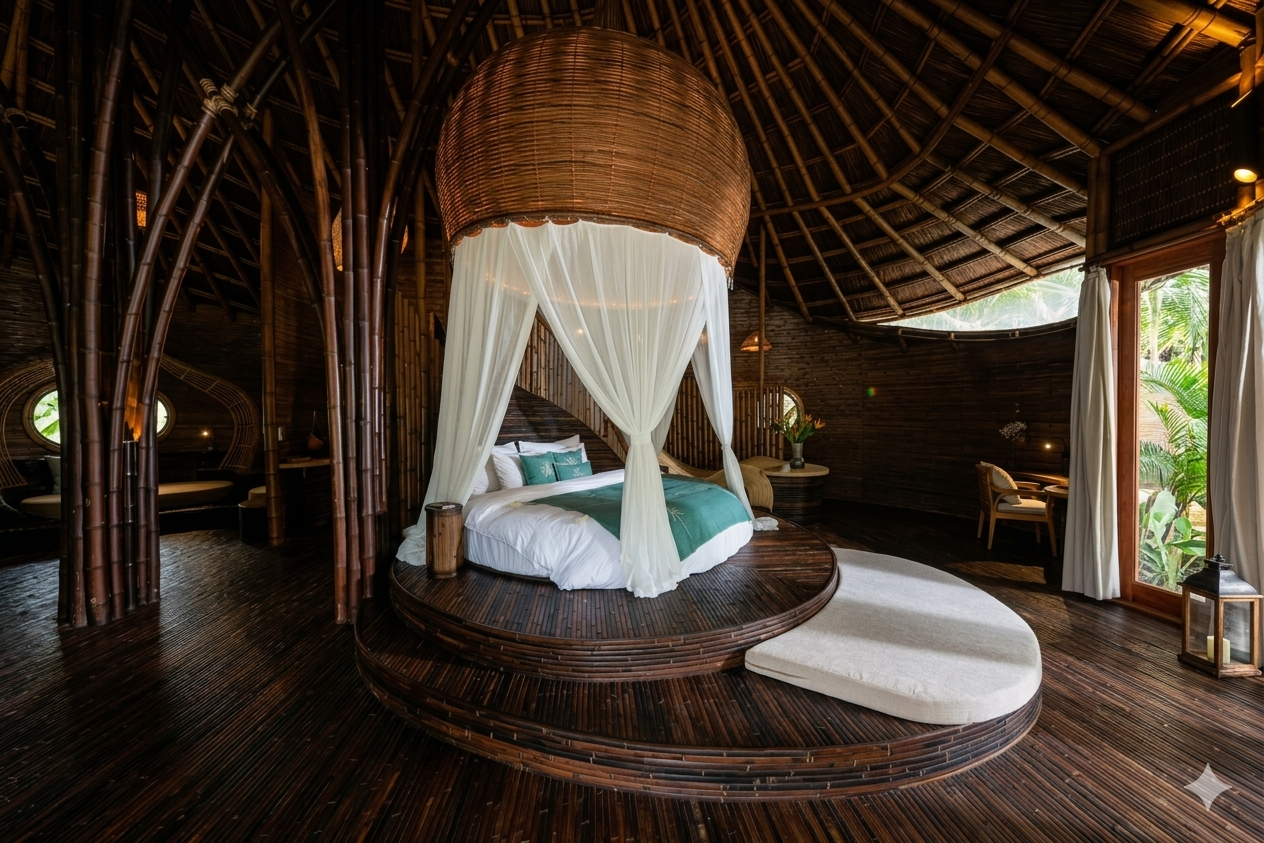 Luxurious round wooden bedroom with a four-poster bed featuring white curtains, surrounded by dark bamboo walls and ceiling, with large windows showing lush greenery outside.