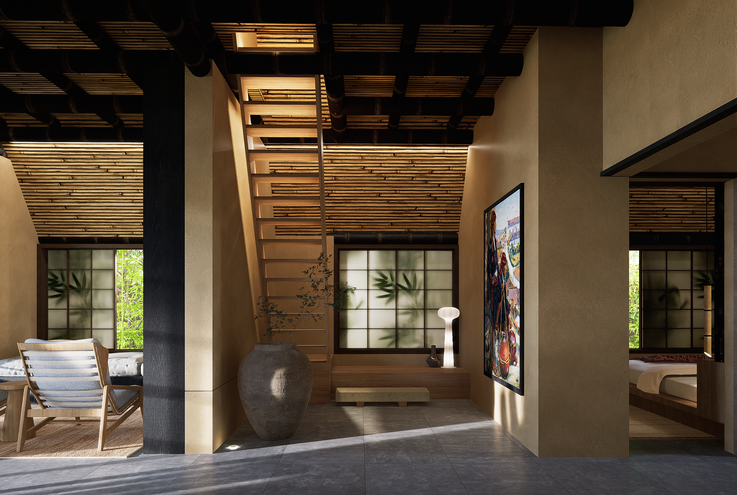 Interior of a modern living space with a staircase, wooden ceiling, framed artwork, and large windows showing greenery outside.