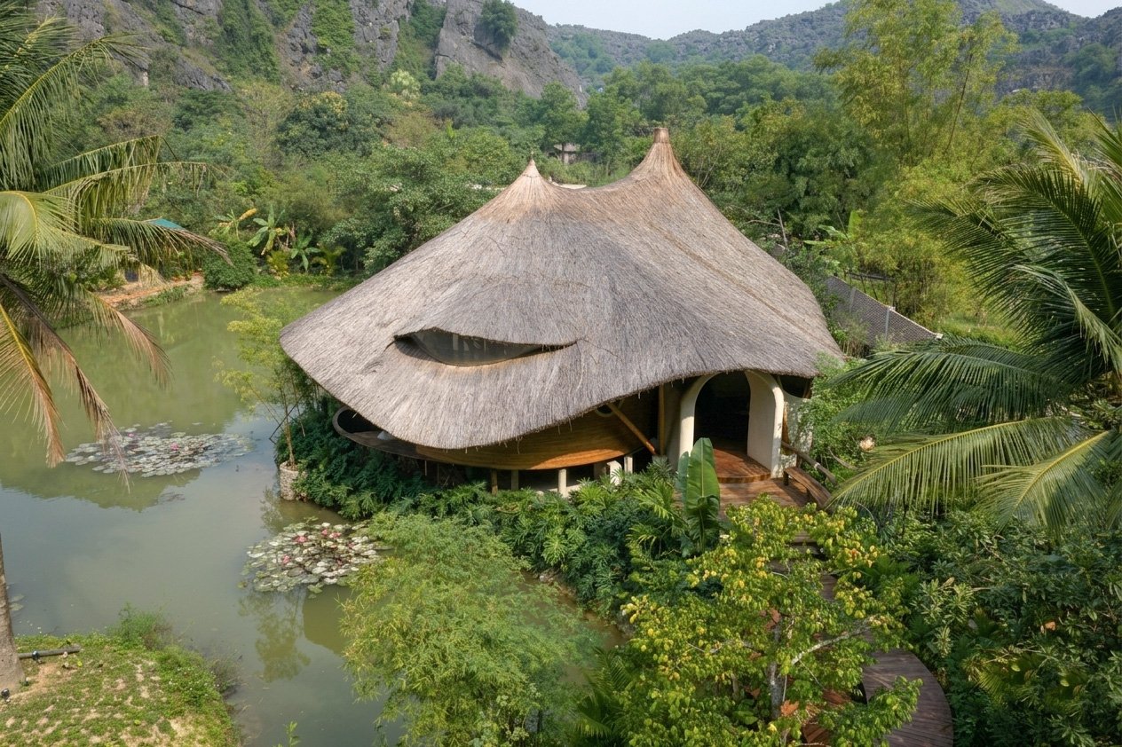 A tropical hut with a thatched roof surrounded by lush green trees and plants, sitting beside a pond with lily pads and water lilies.