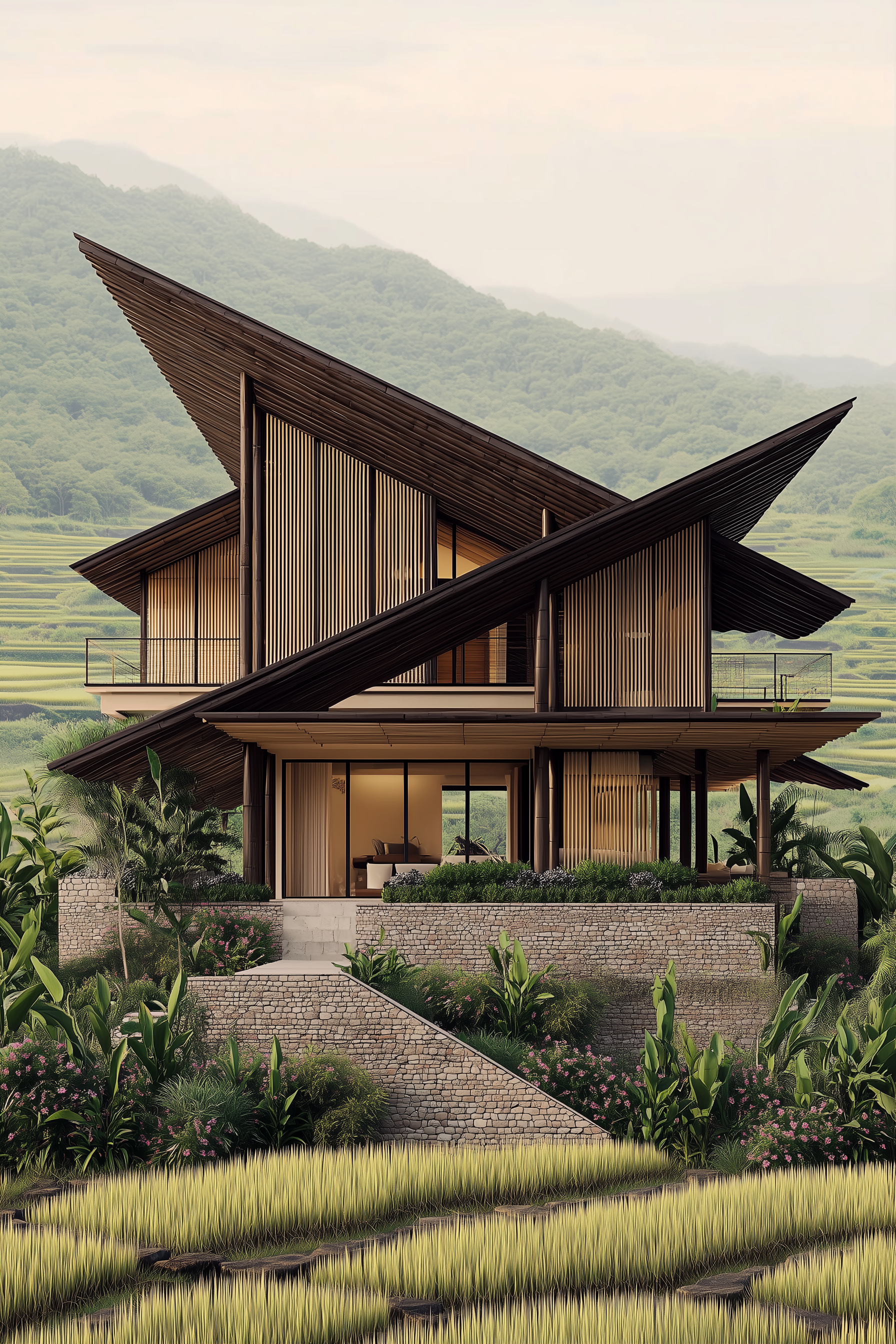 Modern house with sharp, angular rooflines, wooden siding, glass walls, surrounded by lush greenery and rice paddies with mountains in the background.