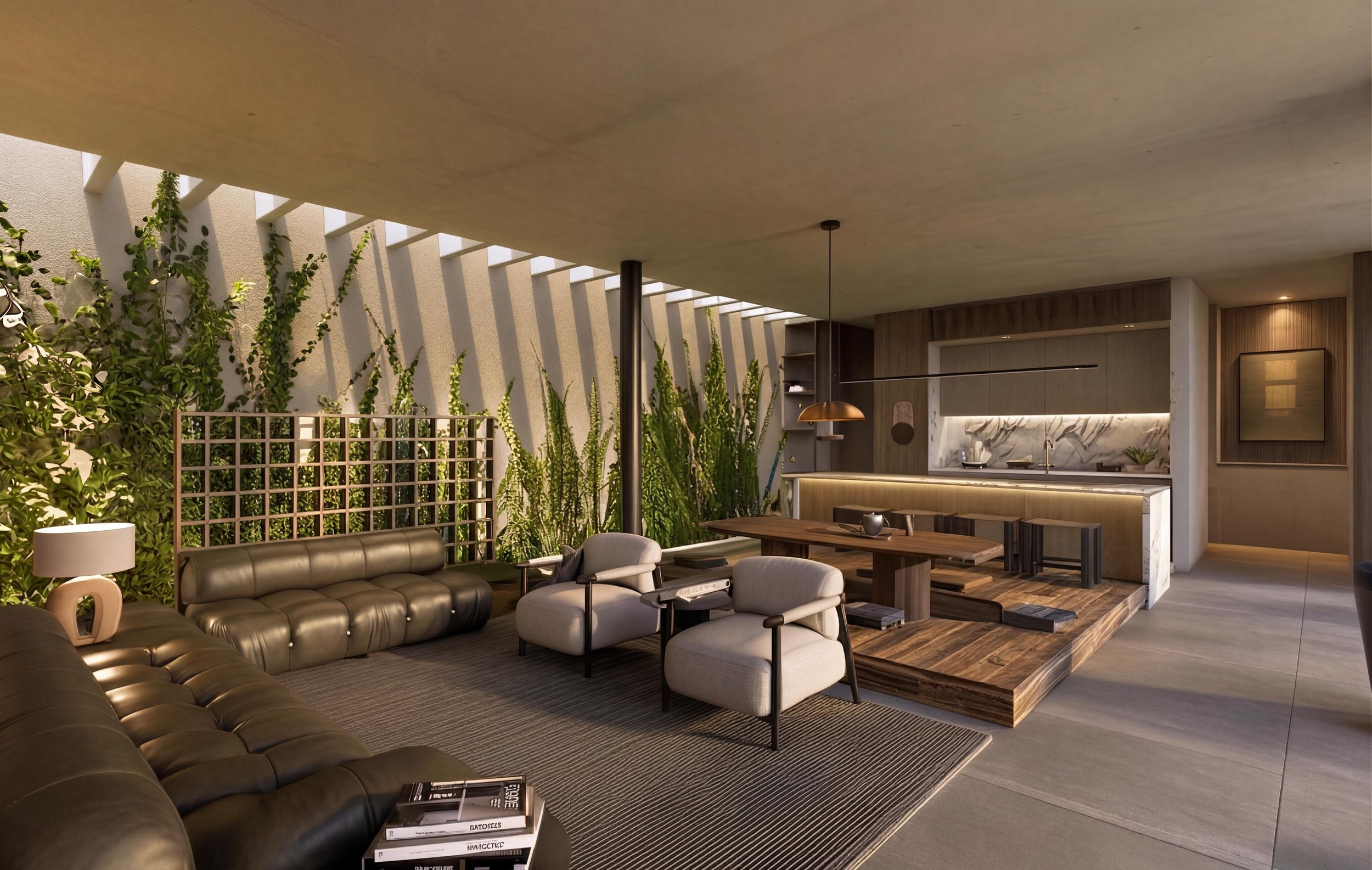 Modern living room with black leather sectional sofa, gray armchairs, and a wooden coffee table. The room features a high ceiling with exposed beams and a large window with beams casting shadows. There are green plants along the wall and a kitchen area with marble backsplash and pendant lighting in the background.