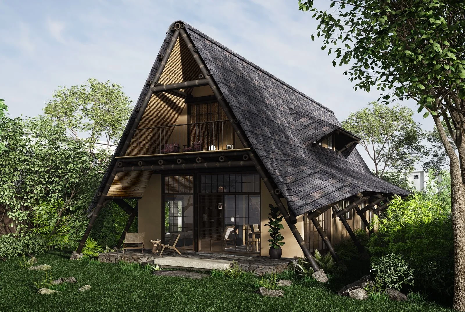 A modern house with an A-frame design and a steeply pitched roof surrounded by trees and greenery.