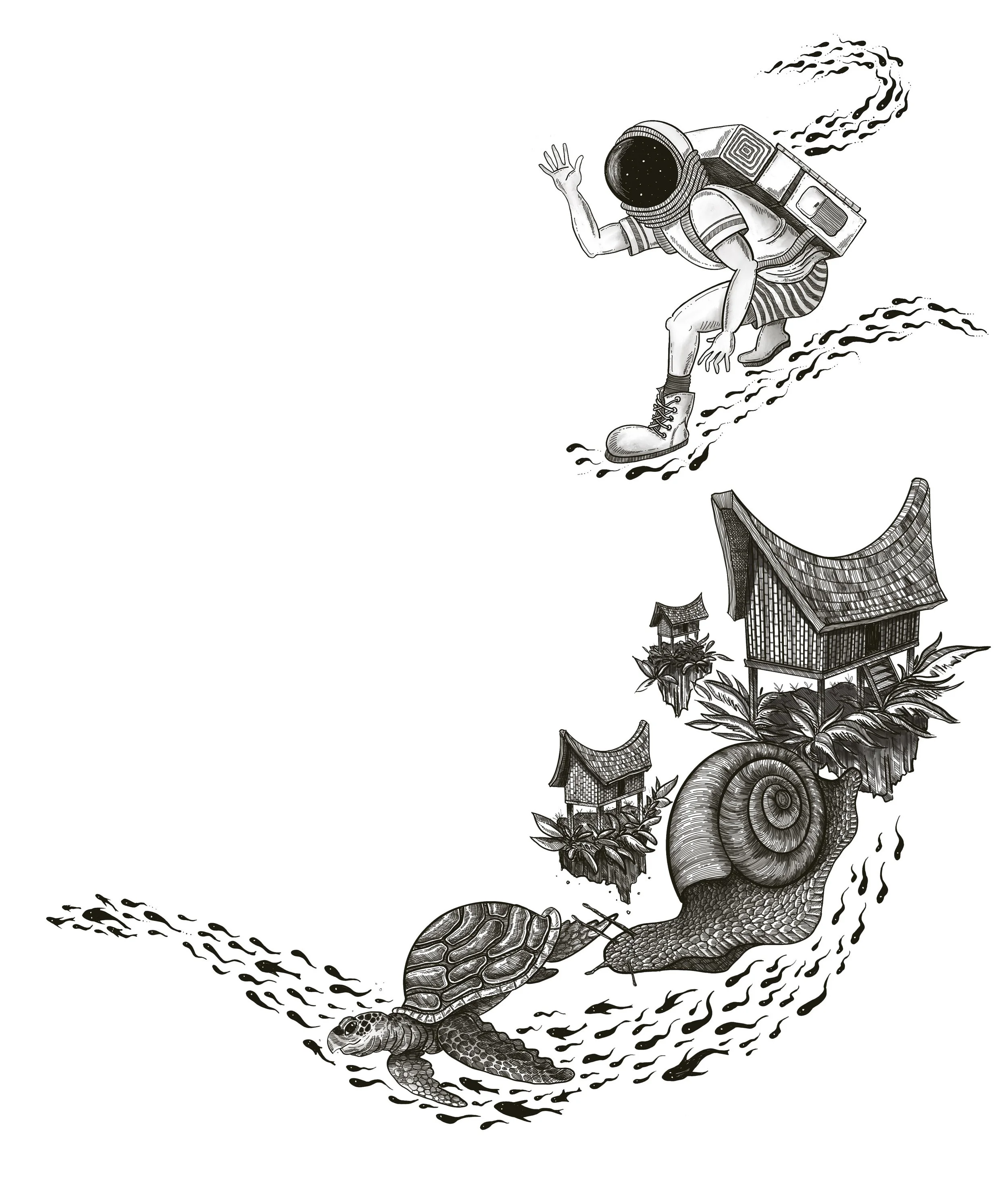 An illustration of a turtle with a dragon body, featuring a house on its back and a space helmet as its head, swimming in a circular pattern with small fish around it.