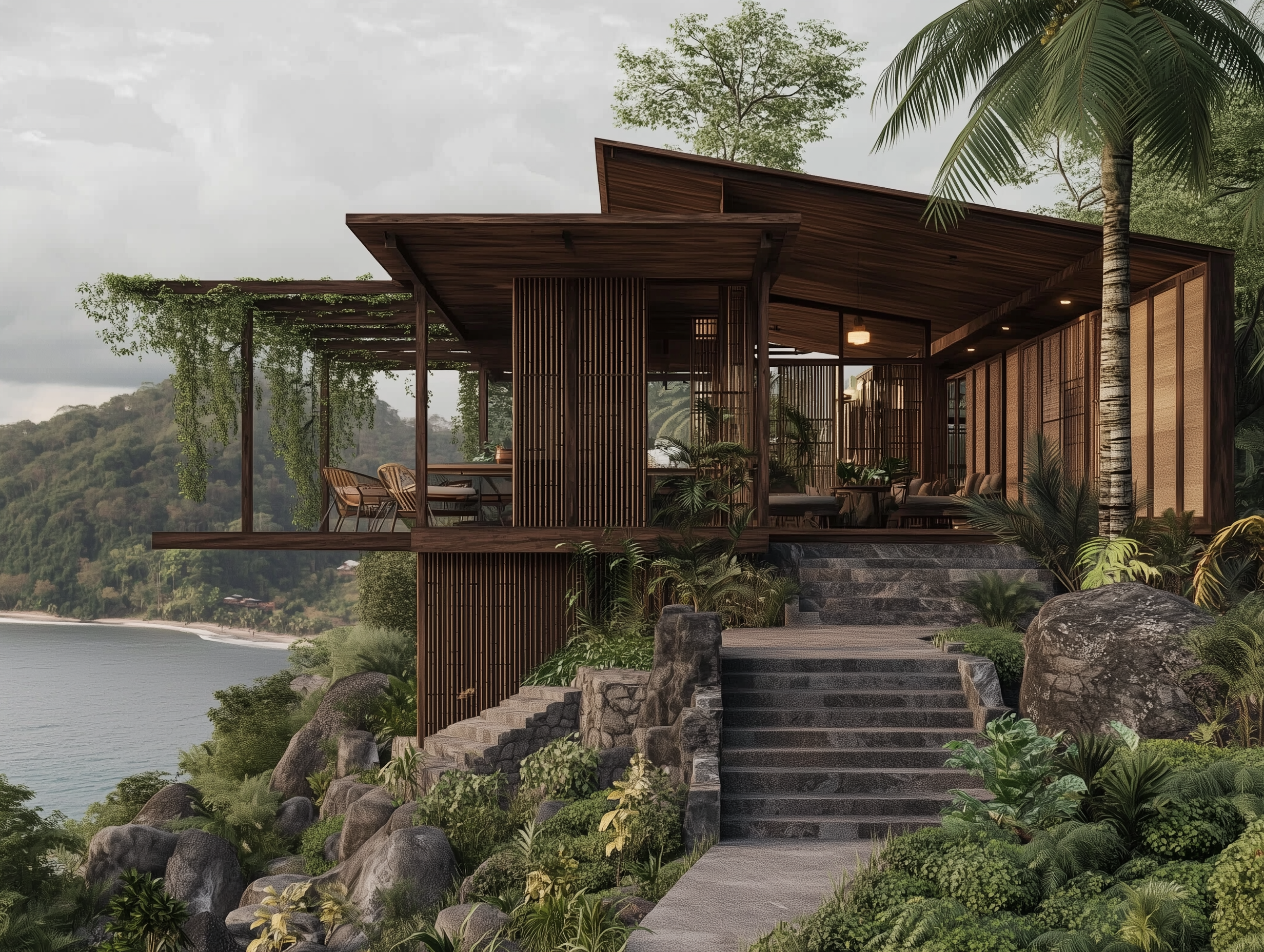 A modern wooden house with an outdoor seating area, overlooking a body of water and surrounded by trees and greenery.
