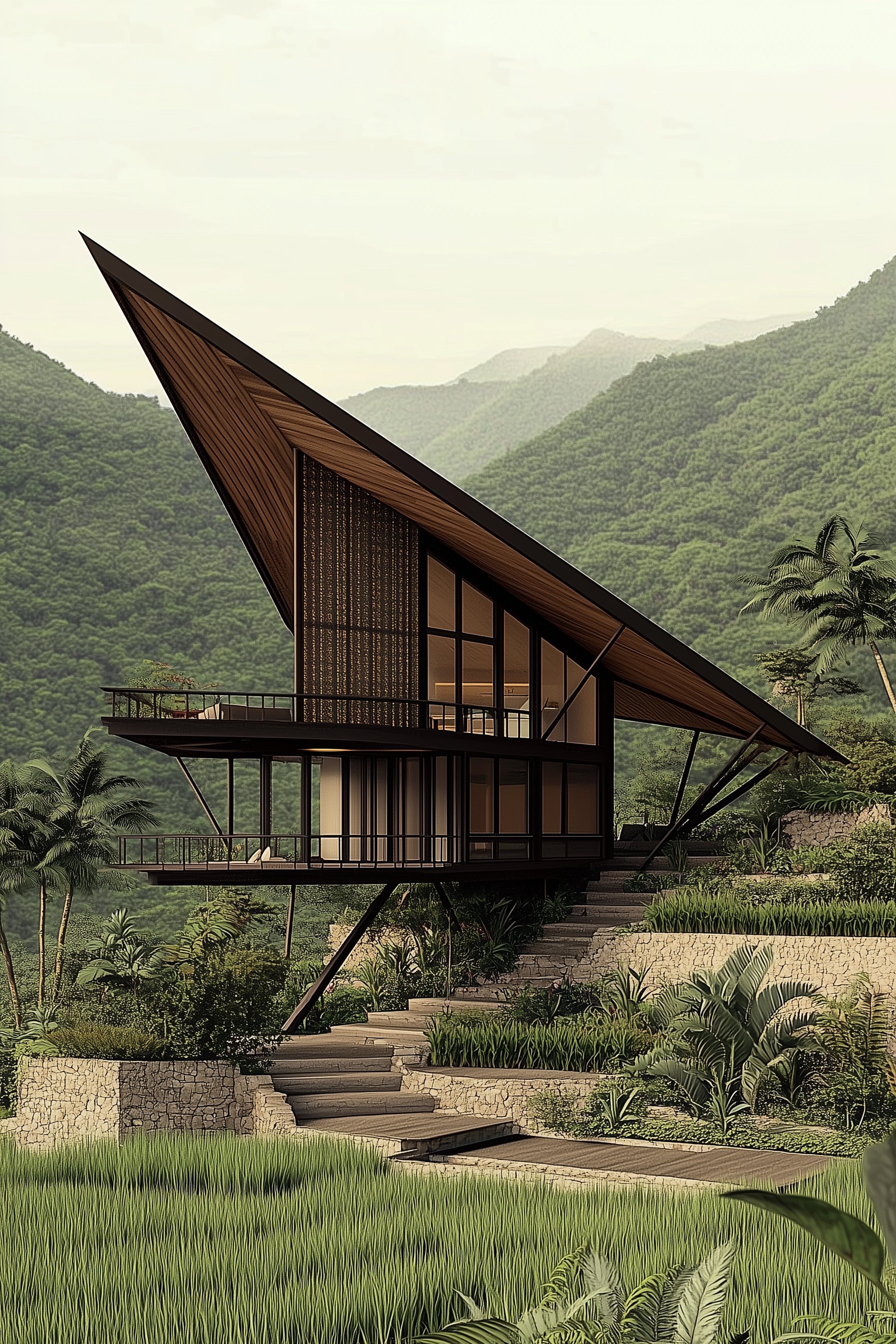 A modern house with a sharp, sloped roof made of wood, situated on a hillside surrounded by lush greenery and trees, with mountains in the background.