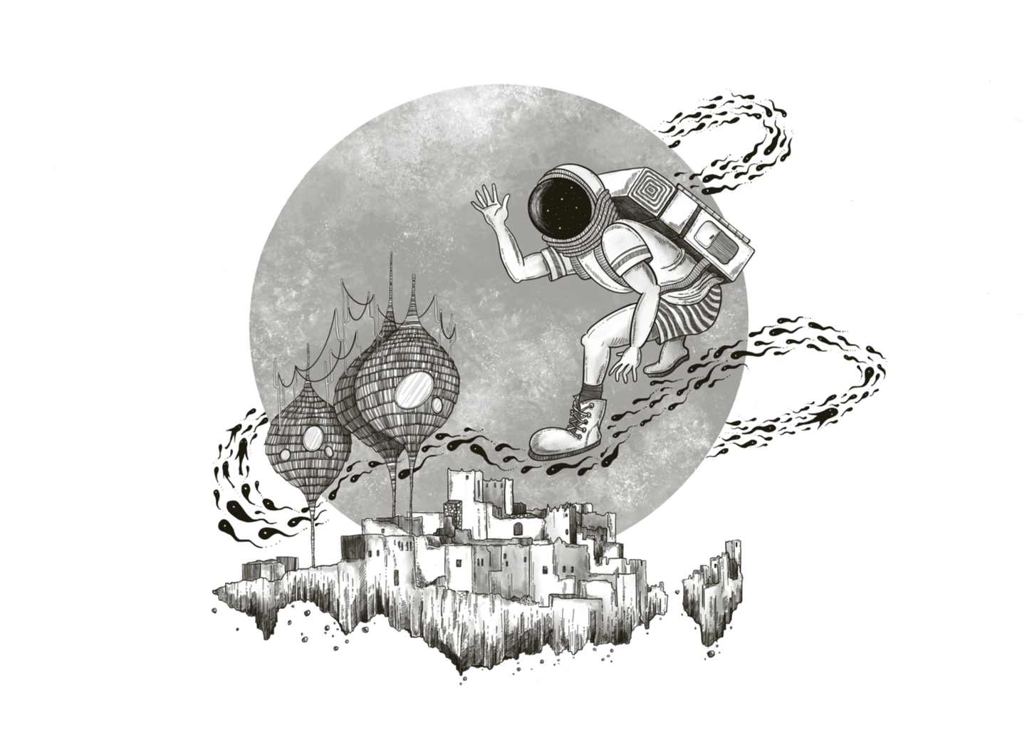 A drawing of a person in an astronaut suit, crouched on floating city ruins, waving. The background features a large moon and a spaceship with structures hanging from it, connected by chains.