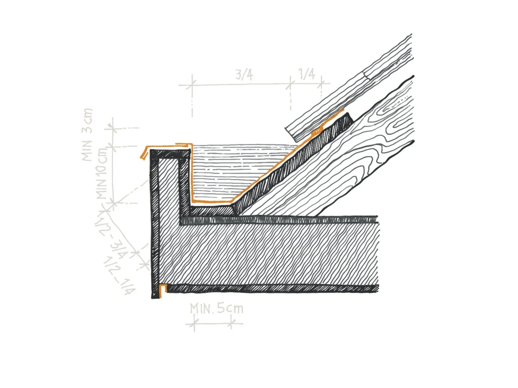 Technical drawing of a wooden structure, showing measurements for framing and assembly, with cross-hatch shading to indicate different materials or sections, and annotations for minimum and maximum dimensions.