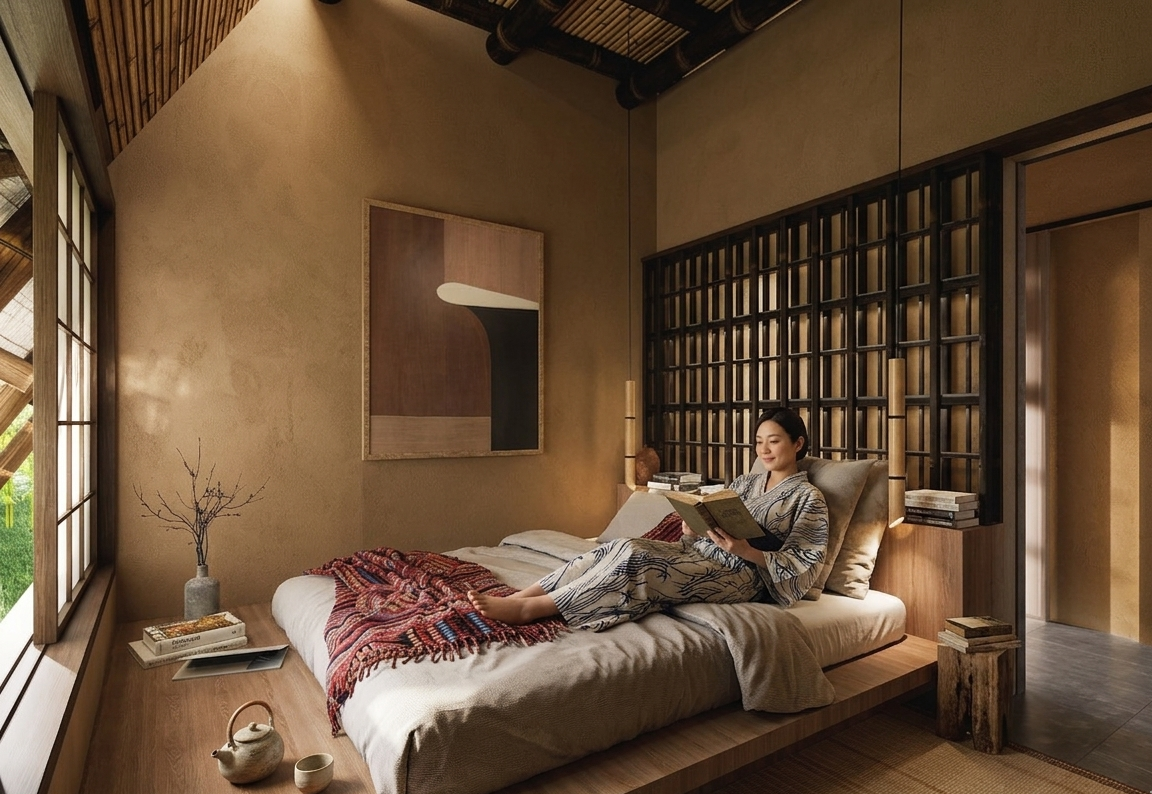 A woman in a kimono sitting on a bed in a cozy bedroom, reading a book, with a modern Asian-inspired decor, including a wooden headboard, a painting, and a small side table with books and decor items.