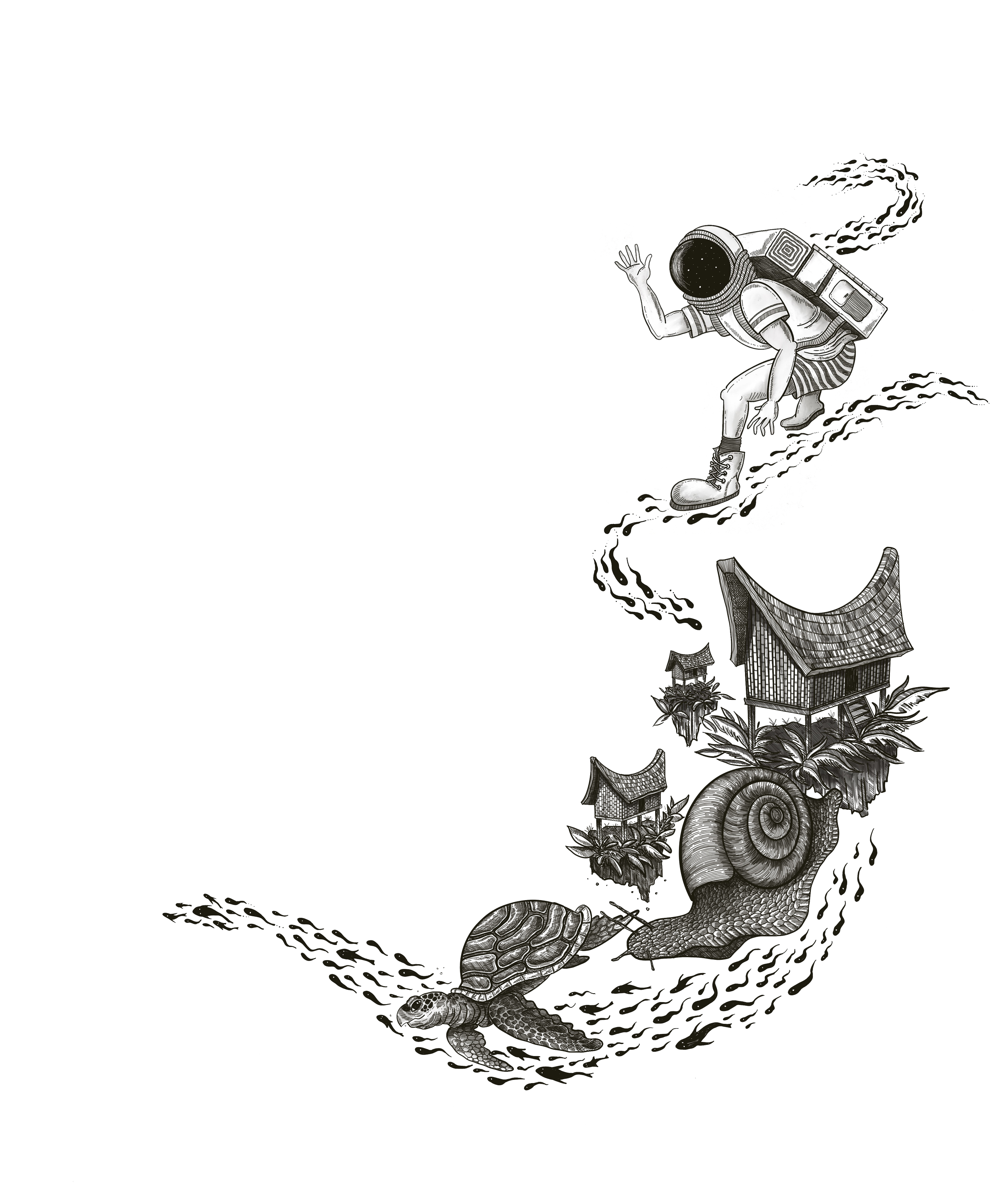 Black and white illustration of an astronaut with a cosmic face mask, sitting on a winding street with traditional buildings and a snail with a patterned shell, surrounded by plants and flowers.