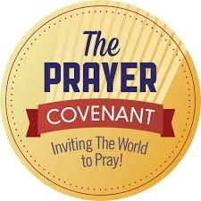 A circular badge with the text 'The Prayer Covenant: Inviting The World to Pray!' with the word 'COVENANT' on a red ribbon banner.