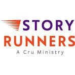 Story Runners logo with a red and orange striped arrow pointing right above the words 'STORY RUNNERS' in purple and orange, and 'A Cru Ministry' in smaller gray text below.