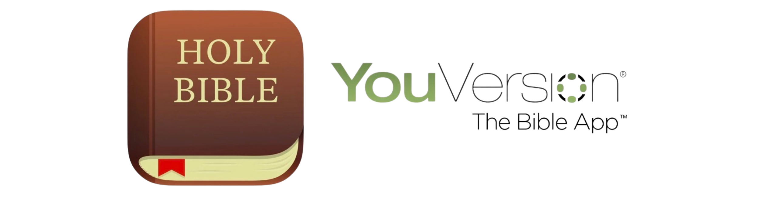 Logo of YouVersion Bible App with an icon of a brown closed book labeled Holy Bible and colorful text saying 'YouVersion The Bible App'