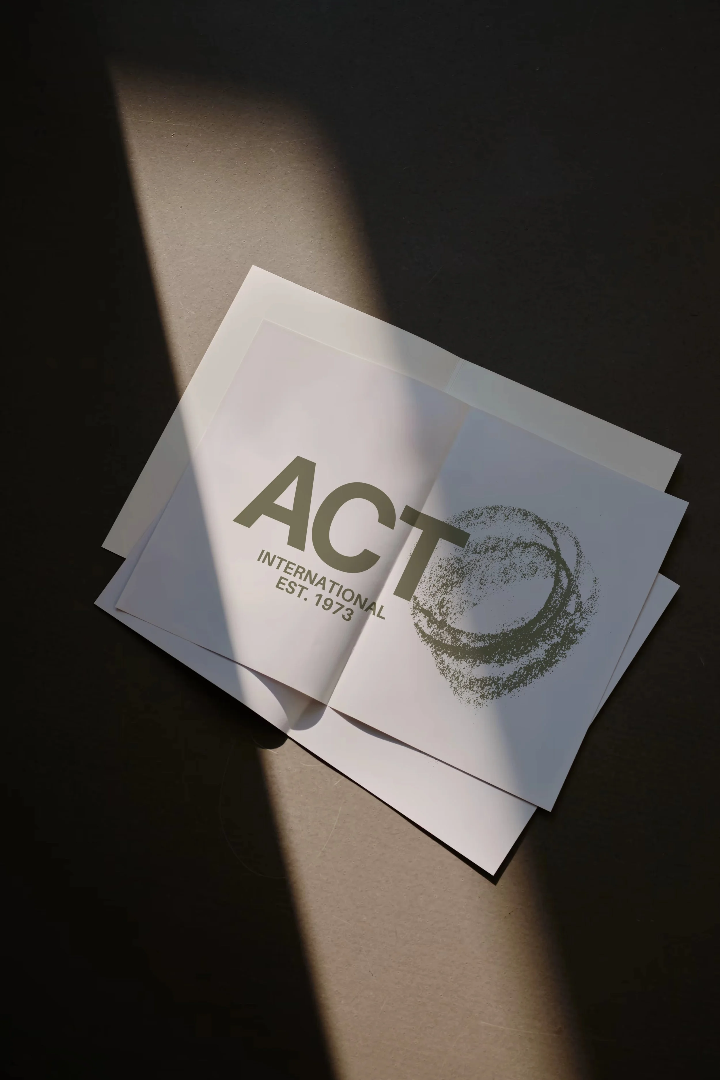A partially visible white paper with the word 'ACT' and additional text reading 'INTERNATIONAL EST. 1973', placed on a surface with sunlight casting shadows.