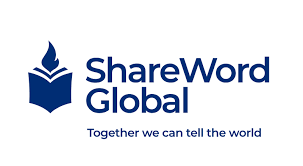ShareWord Global logo with a blue open book and flame icon, and the tagline 'Together we can tell the world'