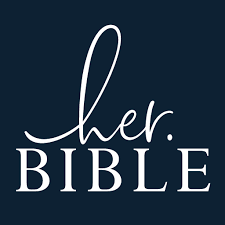Logo with a dark blue background and the words "her BIBLE" in white, with "her" in cursive and "BIBLE" in uppercase