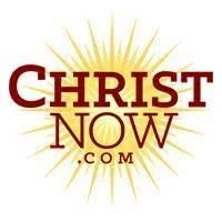 Logo with the words 'Christ Now.com' in red and gold, with a yellow sunburst background.