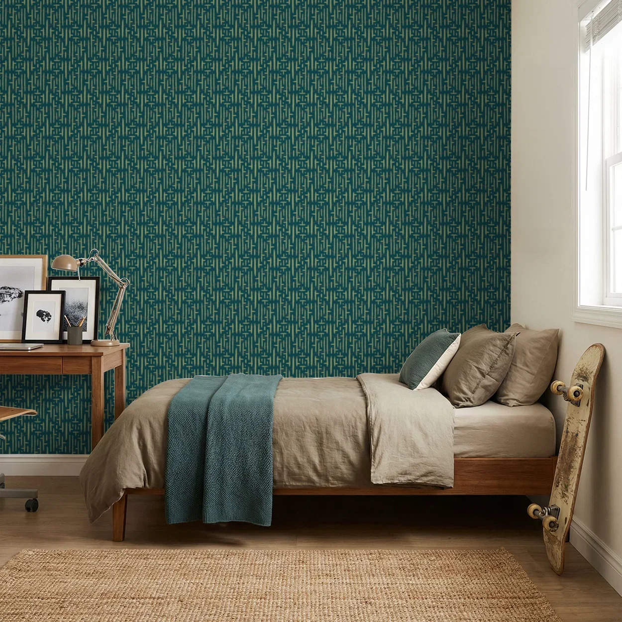 teal-geometric-wallpaper-modern-bedroom-design.webp