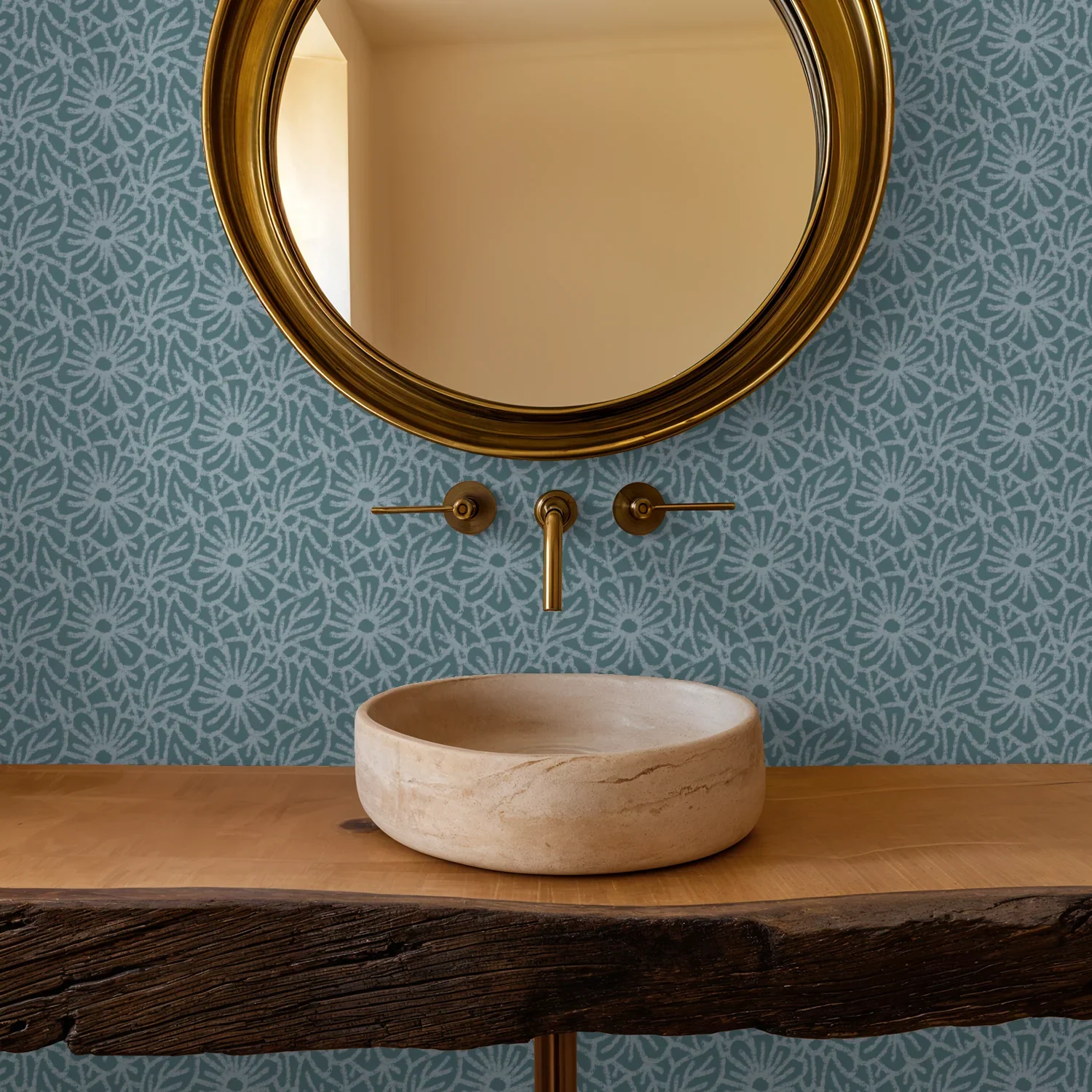 teal-floral-wallpaper-bathroom-round-mirror-wooden-sink.webp