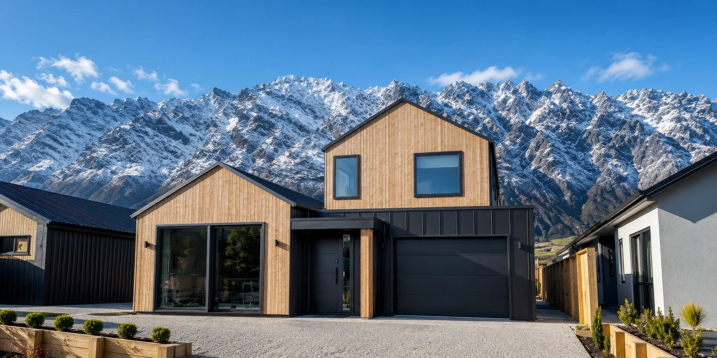 Modern house with wooden and black exterior, large windows, and mountain range with snow in the background.
