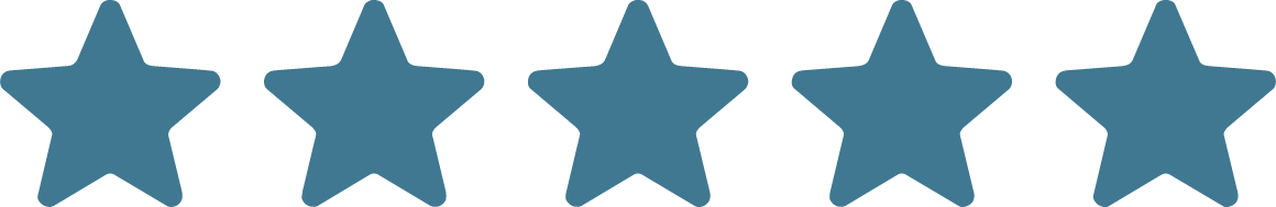 Five blue stars in a horizontal row on a white background.