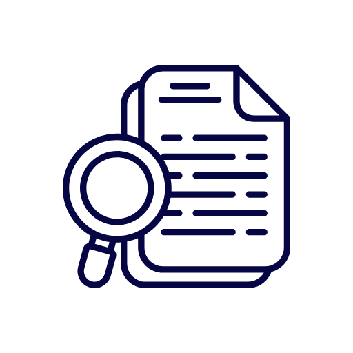 Icon of a document with a magnifying glass, representing document search or review.