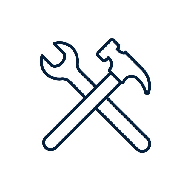 Outline of a wrench and a hammer crossed against a dark background