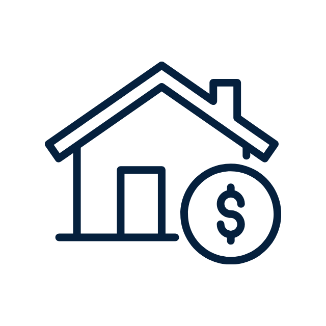 Outline icon of a house with a dollar sign in a circle beside it, representing real estate or mortgage.
