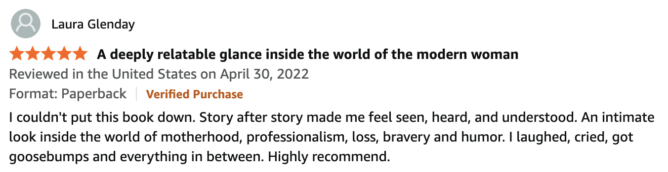 A screenshot of an Amazon book review for "A deeply relatable glance inside the world of the modern woman" by Laura Glenday, showing a five-star rating and a positive review.