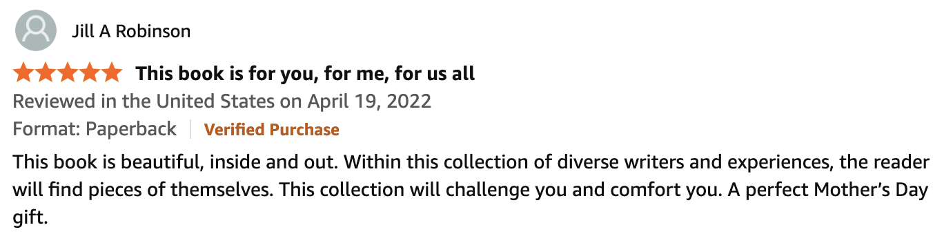 Screenshot of a book review for a book titled 'This book is for you, for me, for us all' by Jill A Robinson, posted on April 19, 2022, with a five-star rating, and highlighted as a verified purchase.