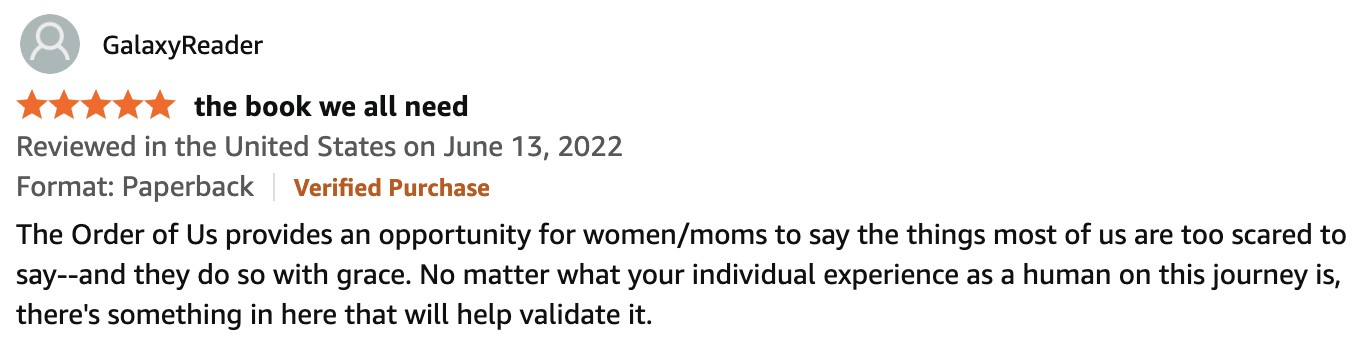 Screenshot of a book review for 'the book we all need' by GalaxyReader, posted on June 13, 2022, describing the book as providing an opportunity for women/moms to express their feelings with grace.