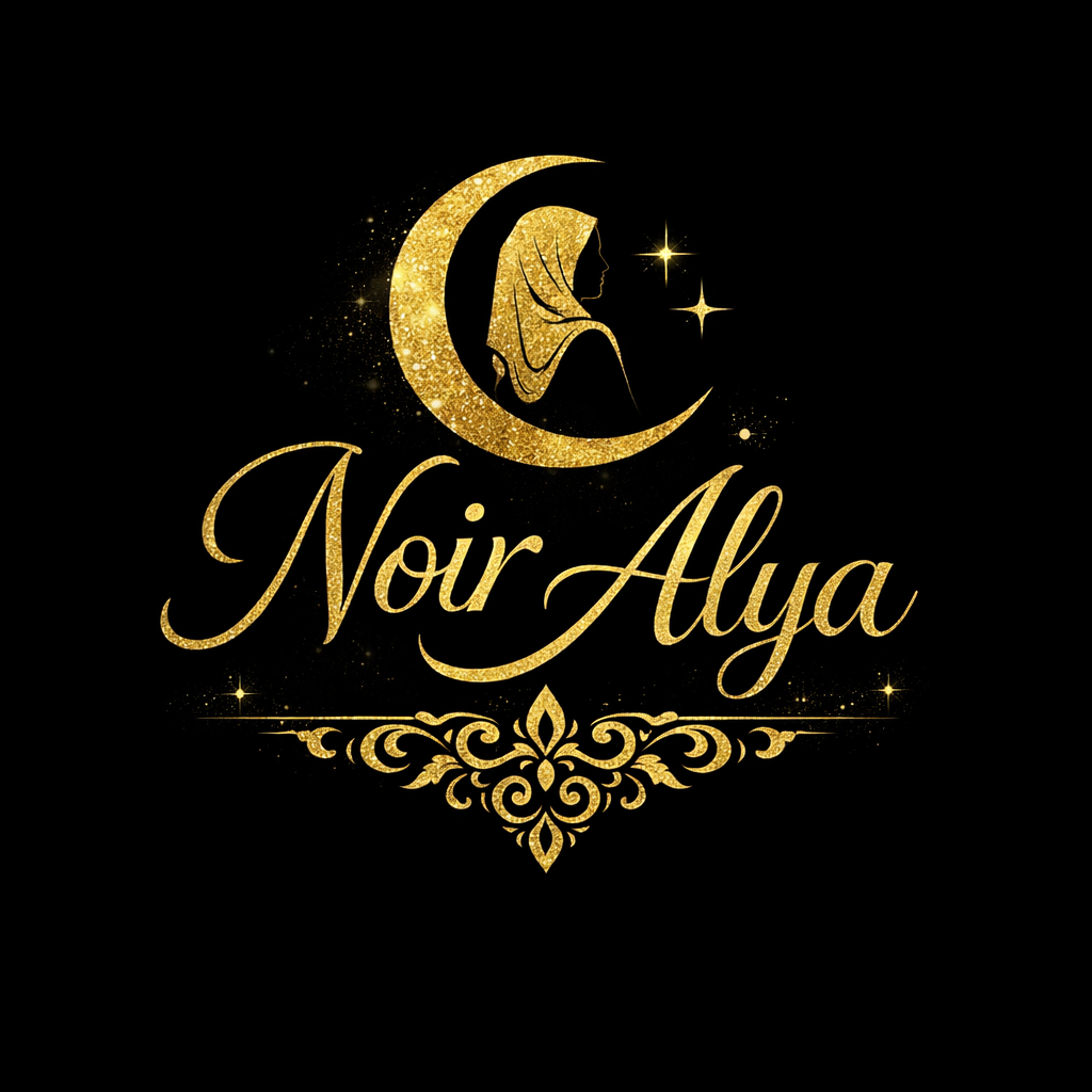 Gold logo with crescent moon and woman silhouette, text 'Noir Alya' in elegant script, decorative flourish on black background.
