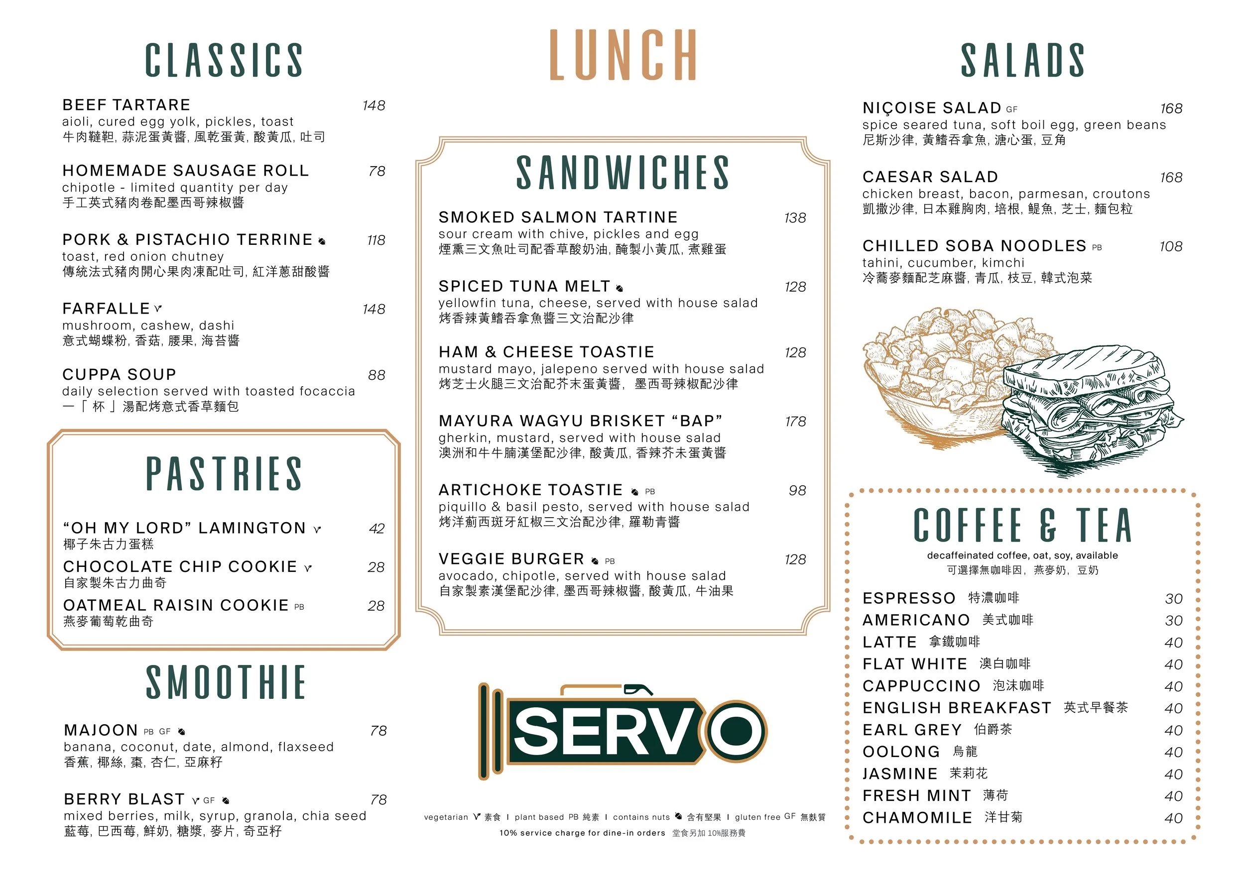 A menu with categories such as Classics, Pastries, Sandwiches, Smoothies, Salads, Coffee & Tea, and Serve, featuring various dishes and beverages with their prices, descriptions, and some items labeled as gluten-free or vegetarian.