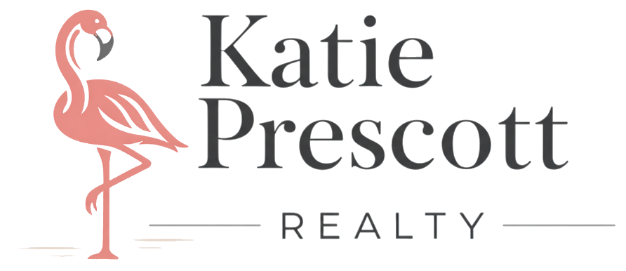 Logo with a pink flamingo on the left, the text 'Katie Prescott' in large black font in the center, and the word 'REALTY' in smaller, colorful, stylized letters at the bottom, with a background of horizontal colored stripes in green, yellow, pink, gray, and white.