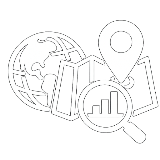 Black and white icon of a globe, a location pin, a magnifying glass with a bar chart, and a notebook.