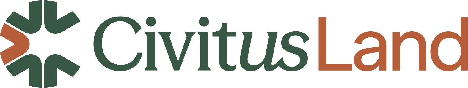 Logo of Civitus Land featuring a green circular symbol resembling interconnected leaves or petals, with the words "Civitus Land" next to it in green and brown text.