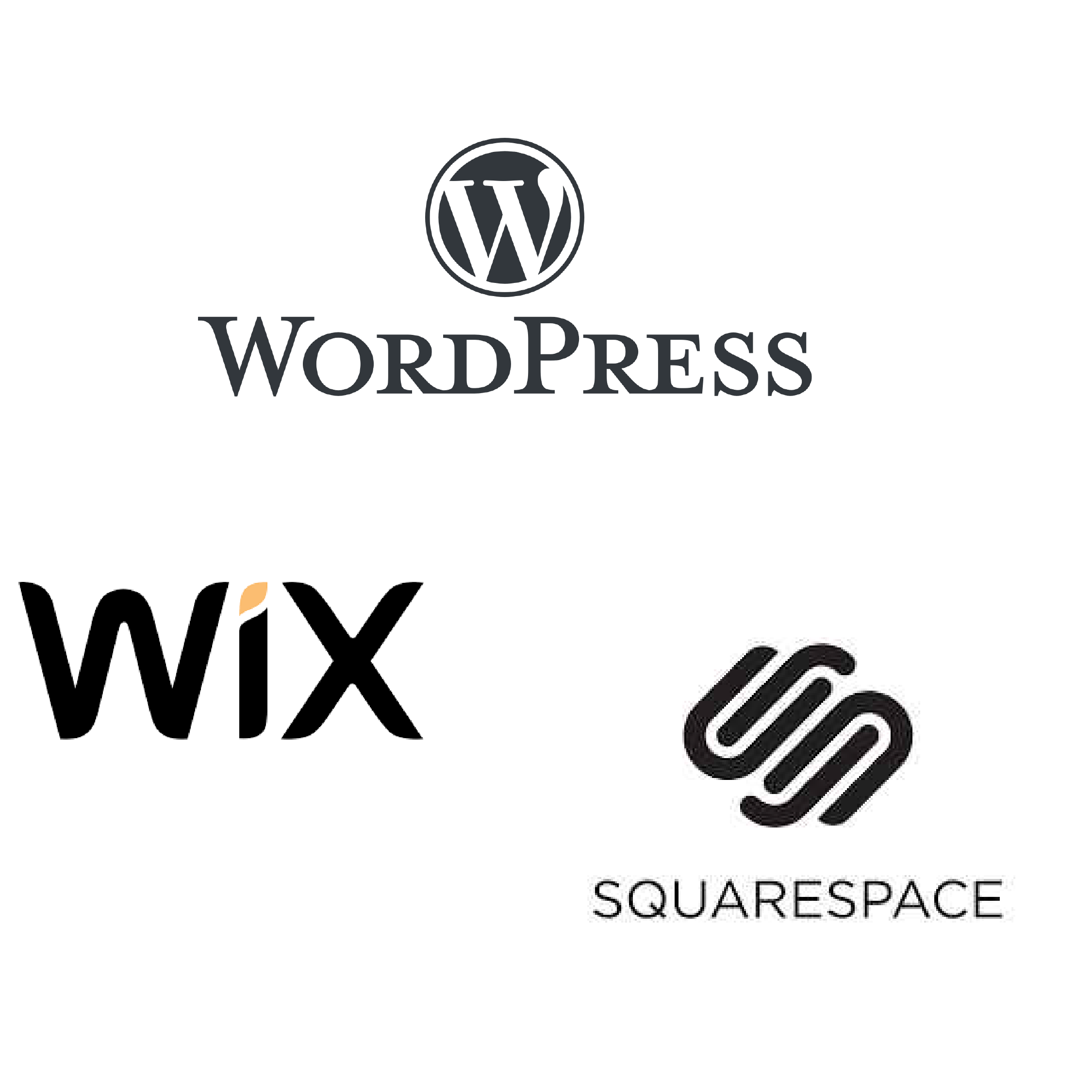 wordpress, wix, and squarespace logos