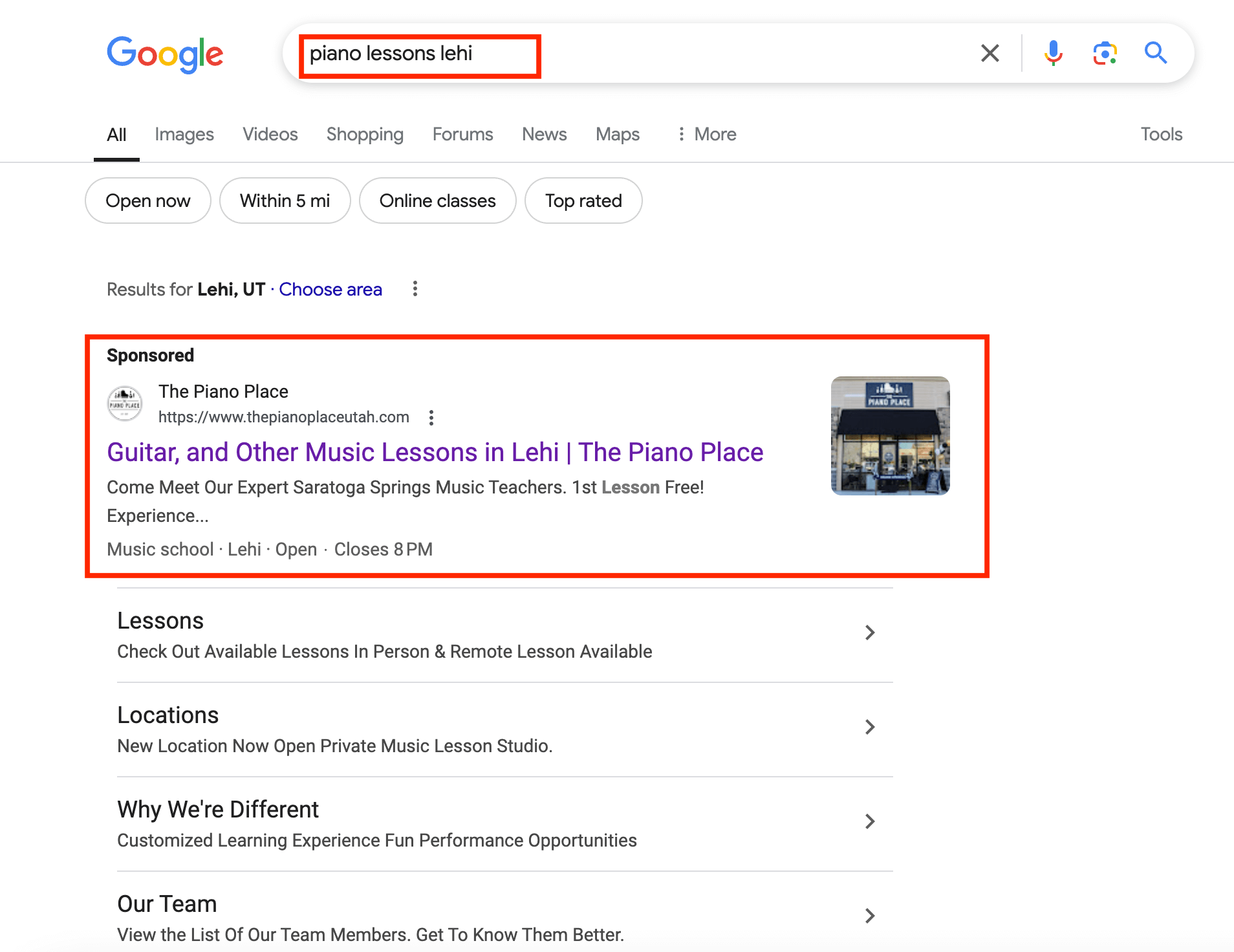 The Piano Place Google Ads from the The Utah Digital Marketing Agency