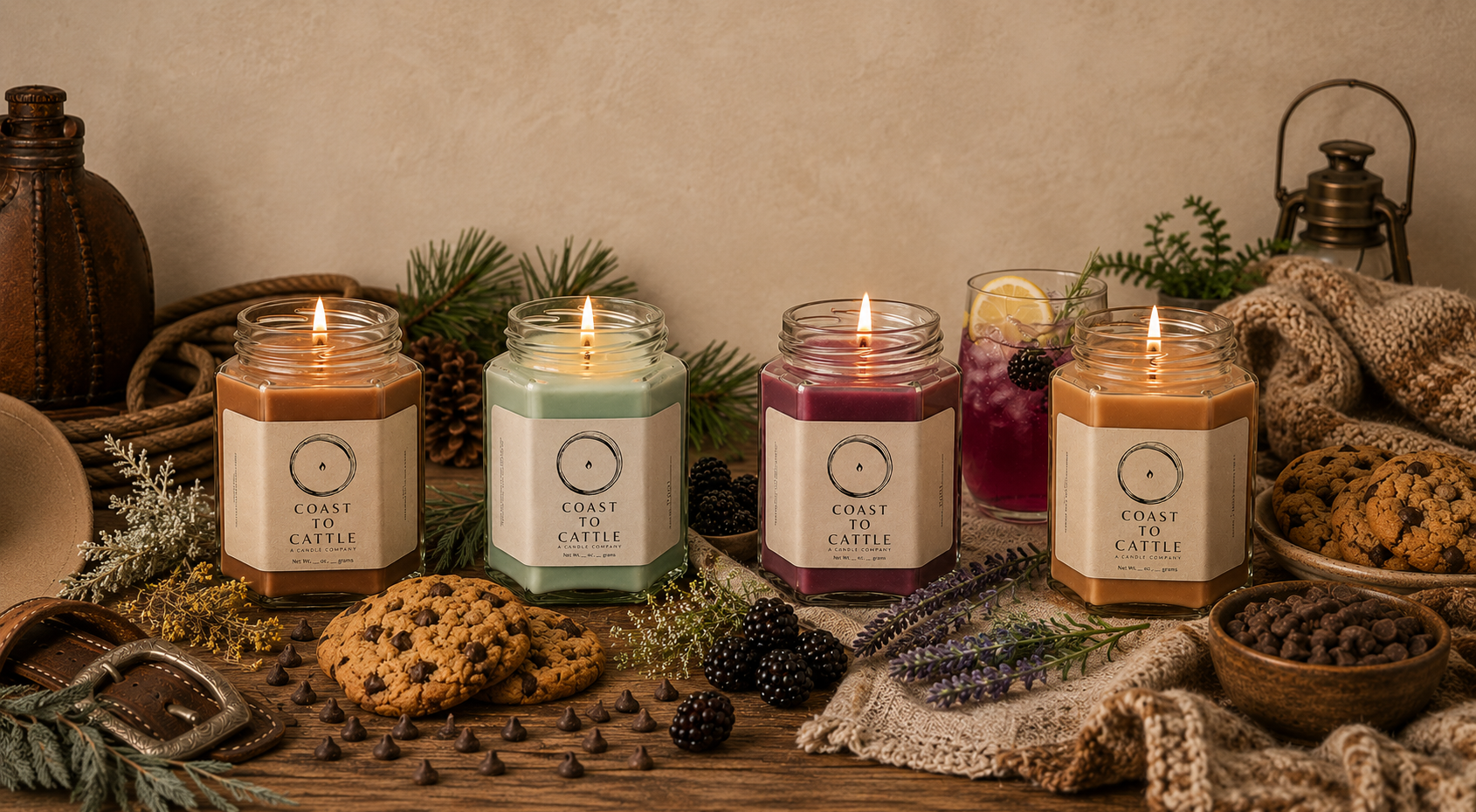 Four lit candles labeled 'Coast to Cattle' with different colored wax, surrounded by cookies, berries, pinecones, and greenery on a wooden table, with additional decorations including vintage lanterns and blankets.
