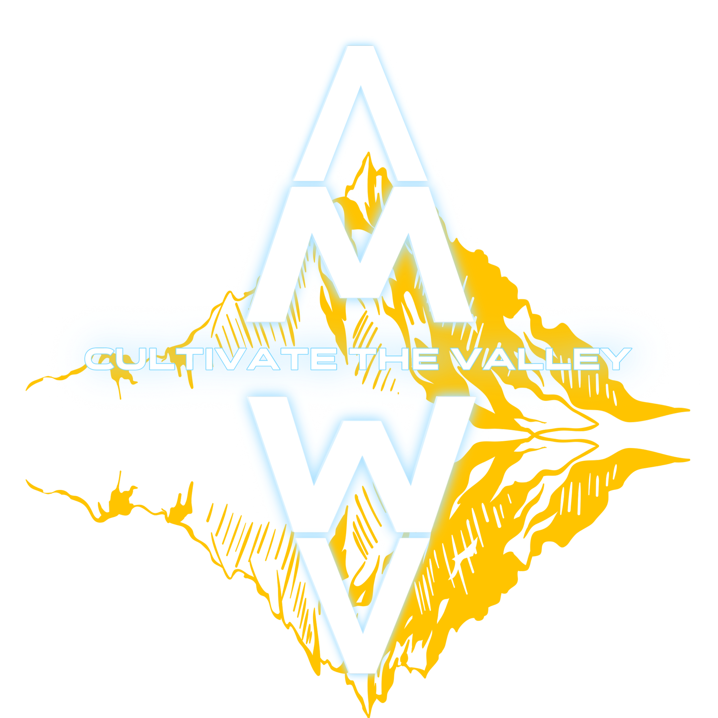 Logo for 'Cultivate the Valley' featuring a stylized mountain with the letter 'W' above and below, with the phrase 'CULTIVATE THE VALLEY' across the center, illustrated with neon blue and yellow accents.