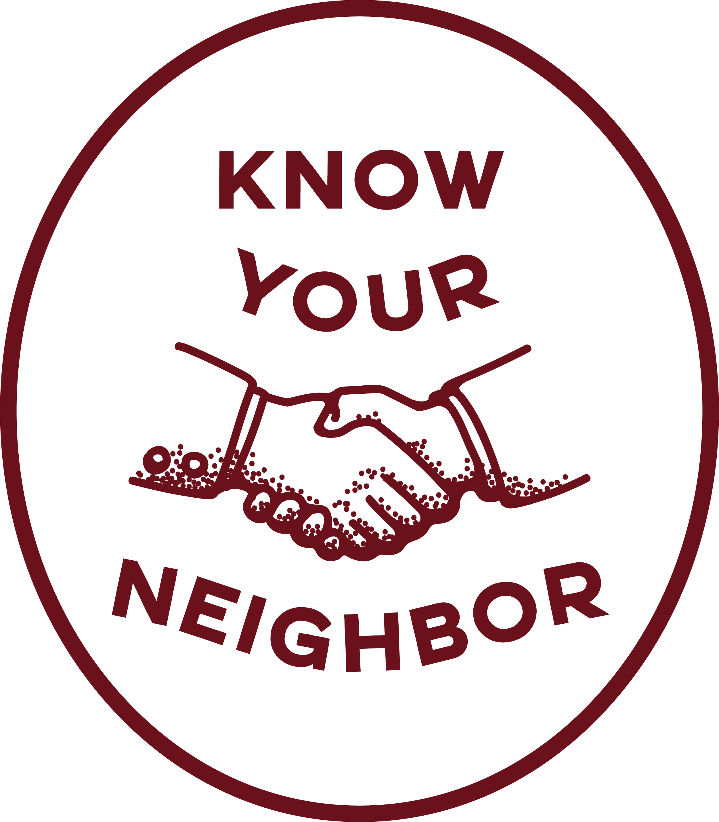 A circular logo with handshake illustration and text that reads 'Know Your Neighbor'.
